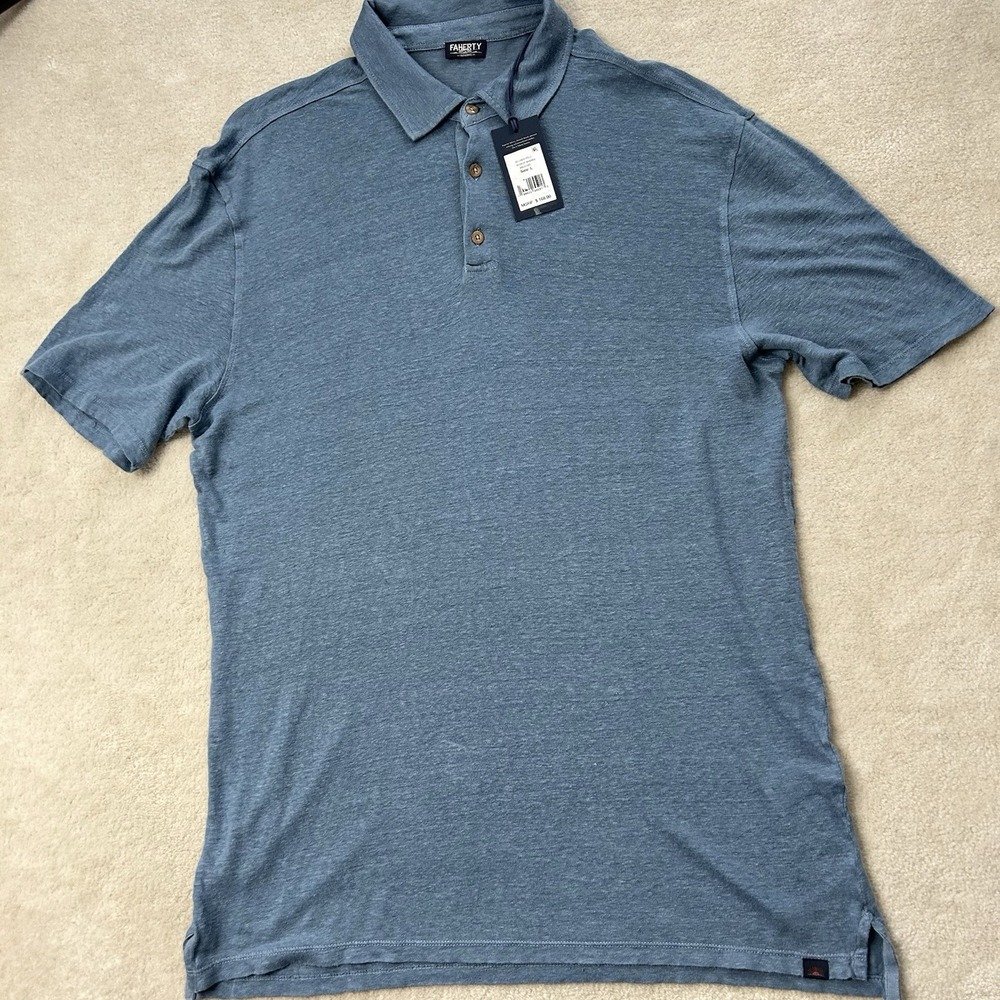 Faherty Polo Shirt Men's Large Reserve Short Sleeve 100% Linen Washed Blue $168